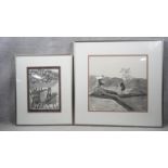 Two framed and glazed Chinese wood block prints. One of two rice farmers watering paddy fields and