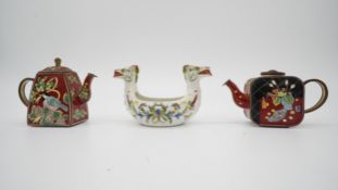 Two cloisonné enamel Trade+Aid miniature teapots along with a vintage porcelain Porsgrund Norway two