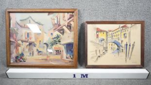 A framed and glazed vintage print of Valbonne by C.R. Doyly-John along with a watercolour on paper