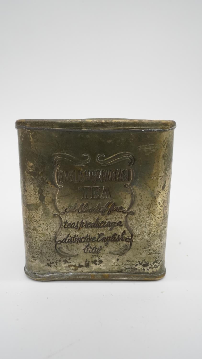 A set of three silver plated loose tea tins. Each with impressed written description. H.88 W.8.8 D. - Image 4 of 5