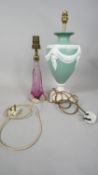 Two vintage lamps. One Val St. Lambert pink Art Glass table lamp, signed to base and a green ceramic