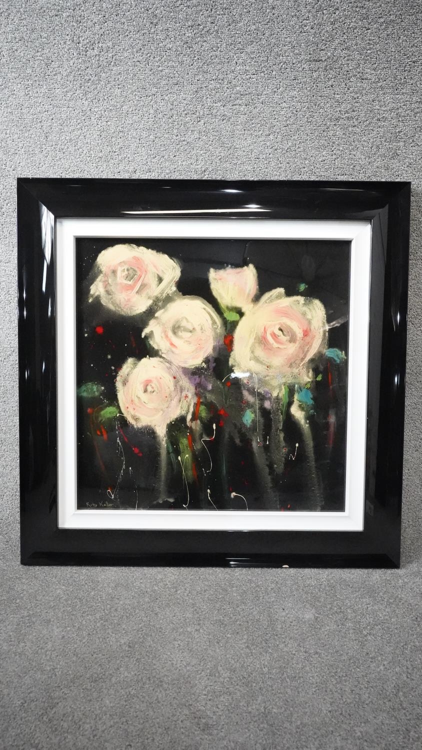 Ruby Keller- A framed and glazed acrylic on board with resin of a group of abstract roses. Signed by