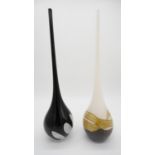 Two tear drop Art Glass vases with elongated necks. One black with white marbling and the other