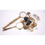 A collection of studs, buttons and two gold plated magnifying glasses. Including an Essex crystal