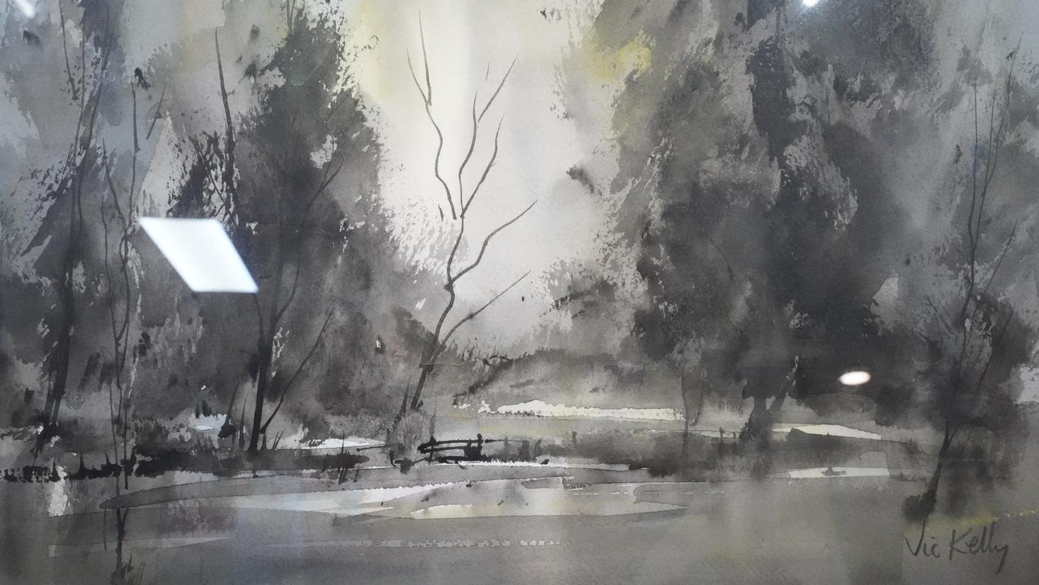 Victor Kelly RBSA, PPBWS - A framed and glazed watercolour on paper of a winter lake with trees. - Image 4 of 6