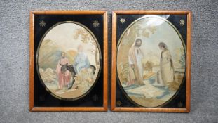 Two framed and glazed Victorian embroidered and watercolour biblical scenes. H.41 W.32