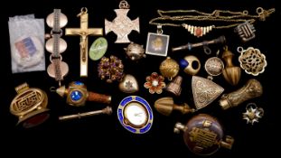 A collection of antique gold plated pendants and other jewellery items. Including a gold plated