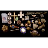 A collection of antique gold plated pendants and other jewellery items. Including a gold plated