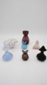 A collection of five Art Deco frosted coloured glass perfume bottles along with a rainbow spot