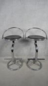 A pair of contemporary high stools on shaped chrome bases. H.91 W.50 D.42