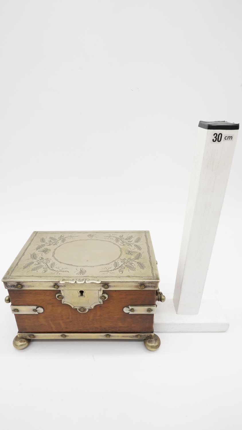 A Victorian silver plated and oak tea caddy, in the form of a strapped chest with silver plated - Image 6 of 6