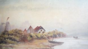 A framed and glazed acrylic on canvas on board of a river landscape with windmill. Unsigned. H.34