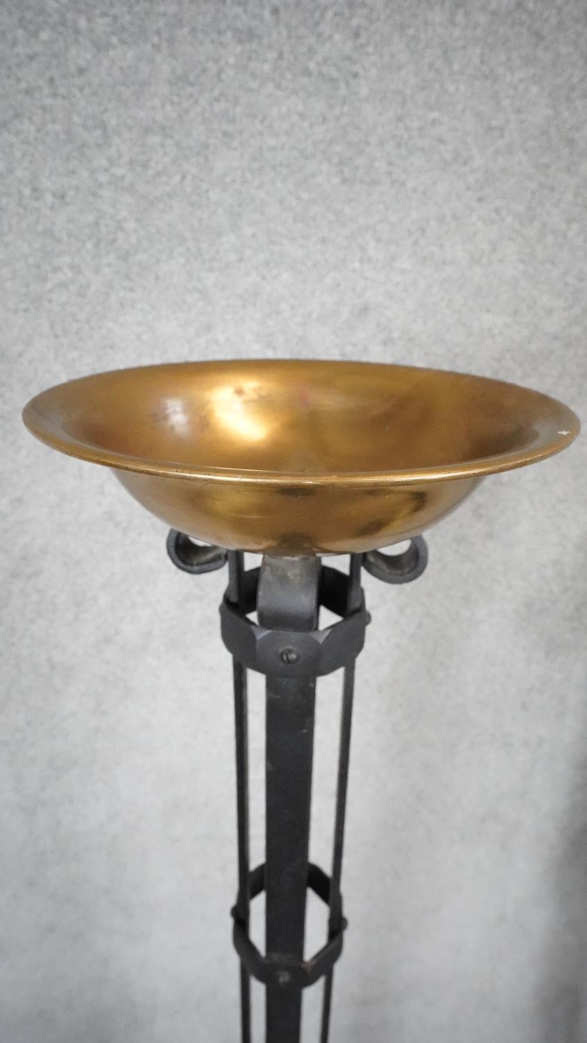 A pair of large Arts and Crafts wrought iron and brass floor standing candle holder/planters. H. - Image 2 of 5