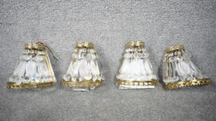 Four wall mounted vintage pierced brass and crystal chandelier basket form wall lights. H.21 W.19