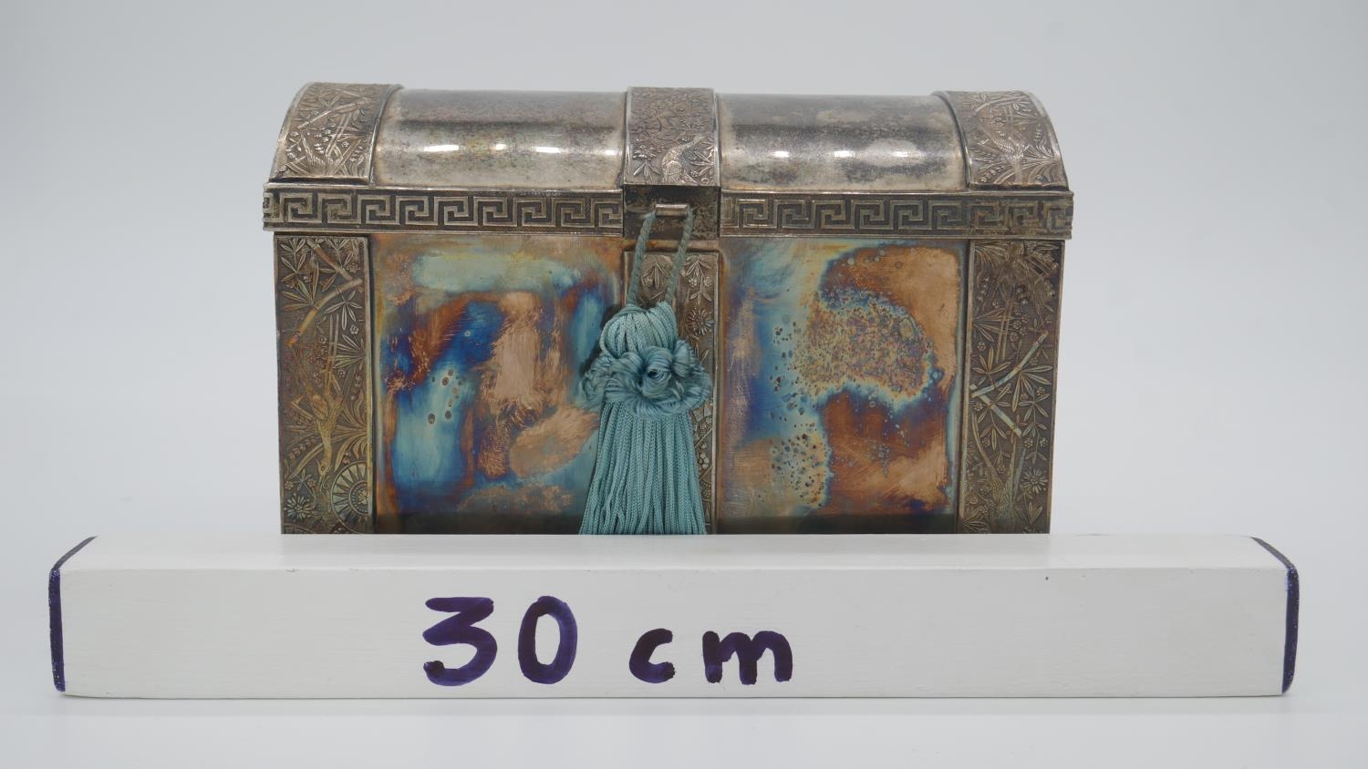 An Oriental silver plated two handled jewellery box in the form of a strapped chest, with bamboo - Image 4 of 4