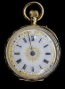 A ladies antique Swiss silver gilt fob watch with all over foliate and floral engraved decoration
