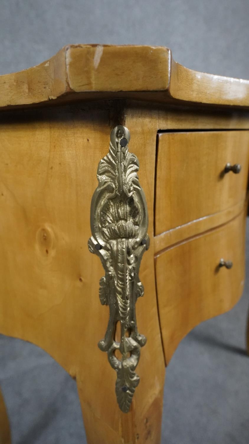 A Louis XV style burr maple kneehole writing table with ormolu mounts on slender cabriole - Image 6 of 10