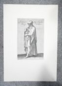 An unframed antique etching of a cloaked man with inscription in French translates as' Woman more