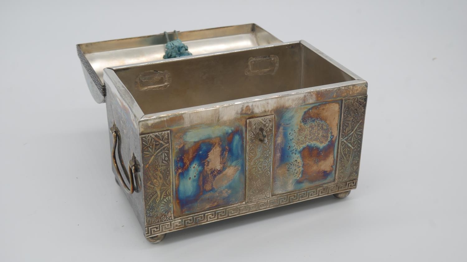 An Oriental silver plated two handled jewellery box in the form of a strapped chest, with bamboo - Image 3 of 4