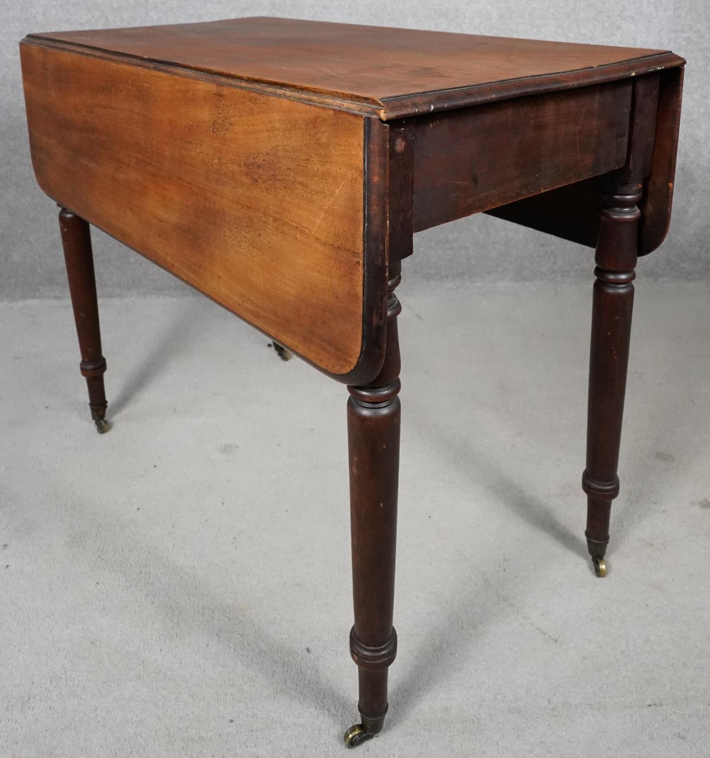 A 19th century mahogany drop flap Pembroke table with frieze drawer on turned tapering supports - Image 2 of 7