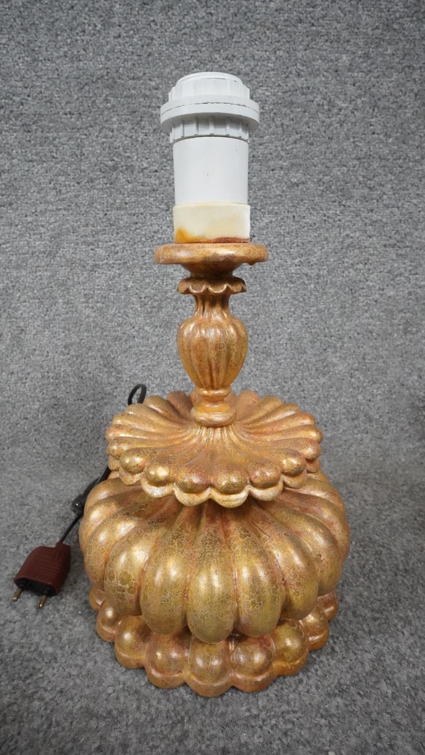 Three carved wooden and gilded table lamps. Including one with a stylised floral design. H.38 - Image 8 of 16