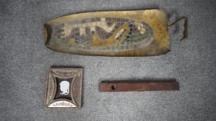 A Victorian box wood and brass spirit level along with a Mexican mosaic inlaid brass serving platter
