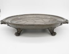 A large early Victorian twin handled pewter meat warming dish by James Dixon & Sons, Sheffield.