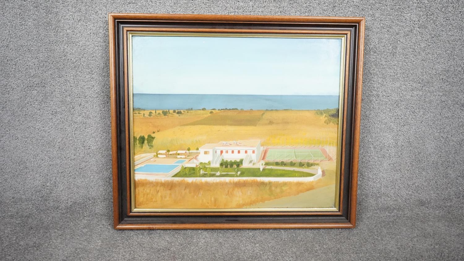 A framed mid century oil on canvas of a landscape with housing and a tennis court. Unsigned. H.62 - Image 2 of 4