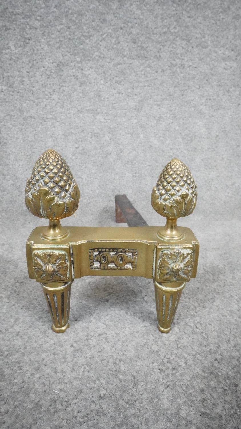 A pair of Victorian acanthus design solid brass fire dogs along with a pierced design mesh brass - Image 4 of 8