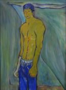 A framed oil on canvas of a male figure. Signed O. Rey. H.68 W.54cm