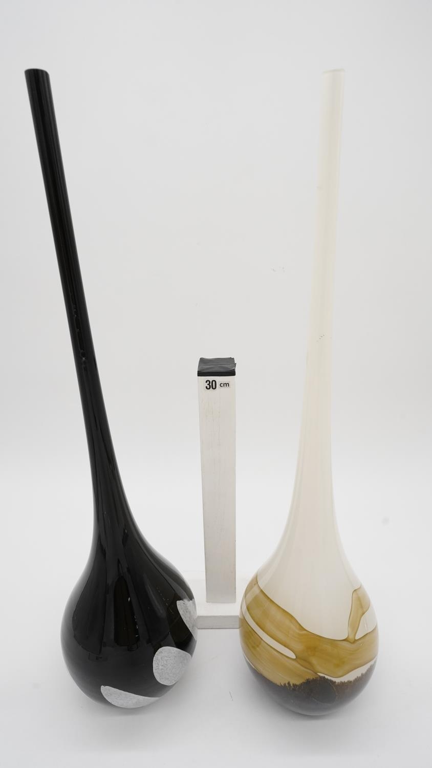 Two tear drop Art Glass vases with elongated necks. One black with white marbling and the other - Image 2 of 6