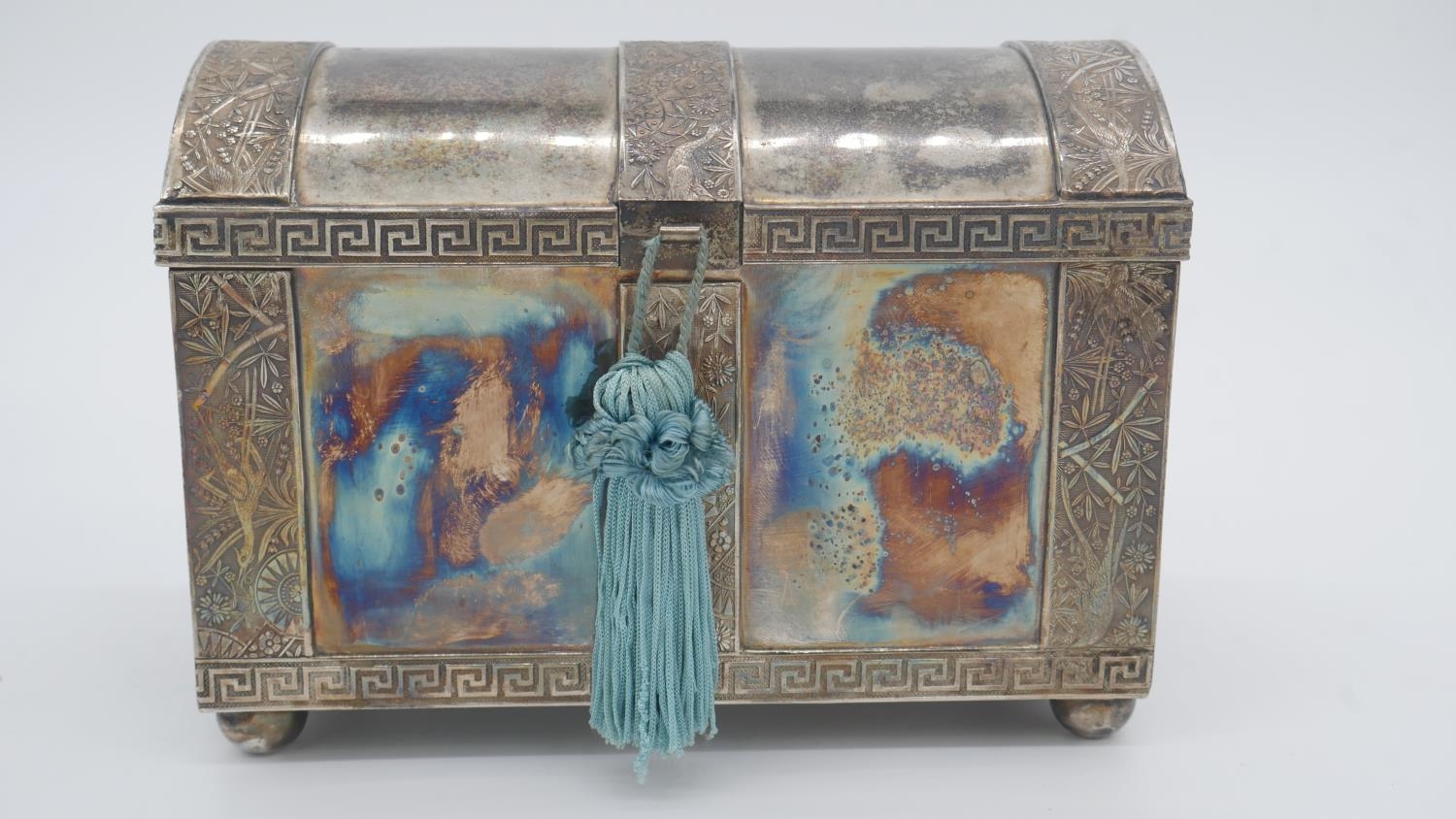 An Oriental silver plated two handled jewellery box in the form of a strapped chest, with bamboo - Image 2 of 4