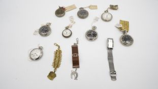 A collection of eight stop watches, pocket watches and a Skagen watch with mesh strap. H.8 W.5.5