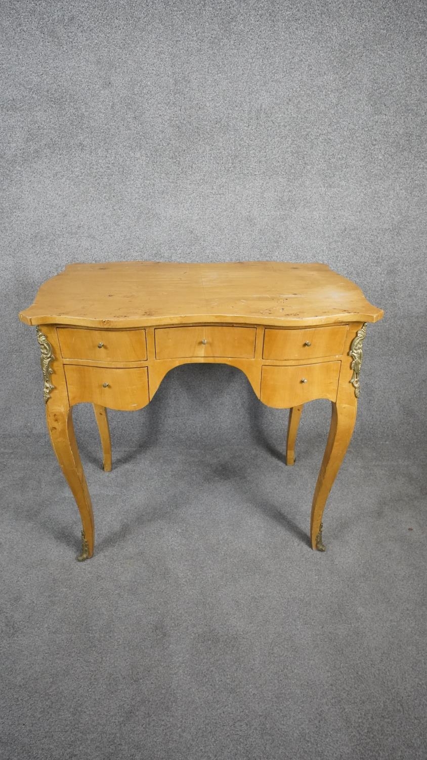 A Louis XV style burr maple kneehole writing table with ormolu mounts on slender cabriole - Image 2 of 10