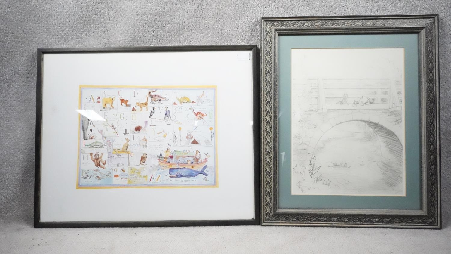 Two framed and glazed prints. One of a drawing by A.A. Milne of Rabbit, Piglet and Pooh Bear playing