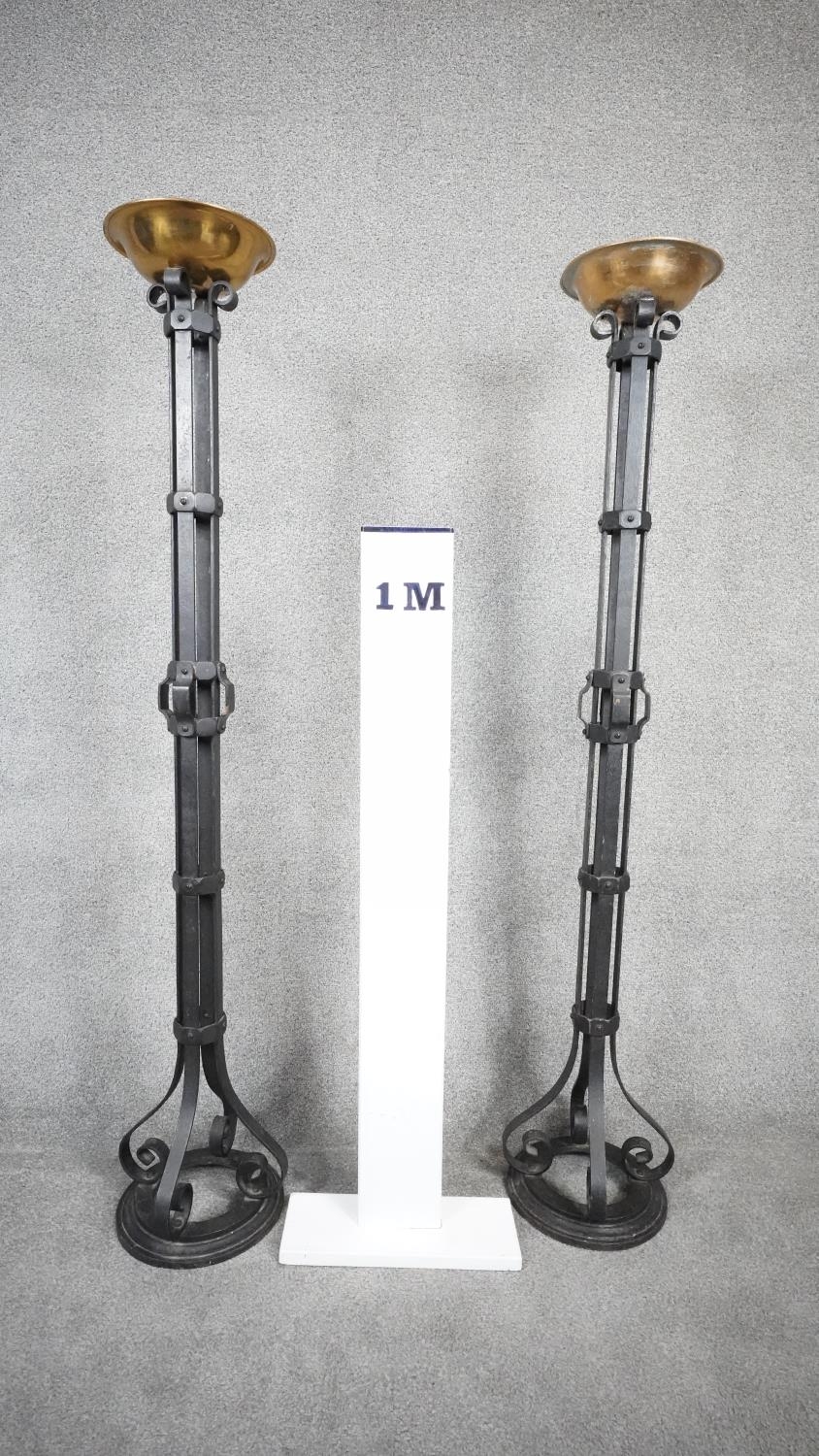 A pair of large Arts and Crafts wrought iron and brass floor standing candle holder/planters. H. - Image 5 of 5