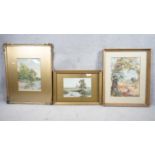 Three framed and glazed watercolours of landscapes. Two unsigned and one indistcintly signed. H.41