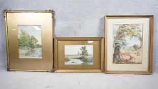 Three framed and glazed watercolours of landscapes. Two unsigned and one indistcintly signed. H.41