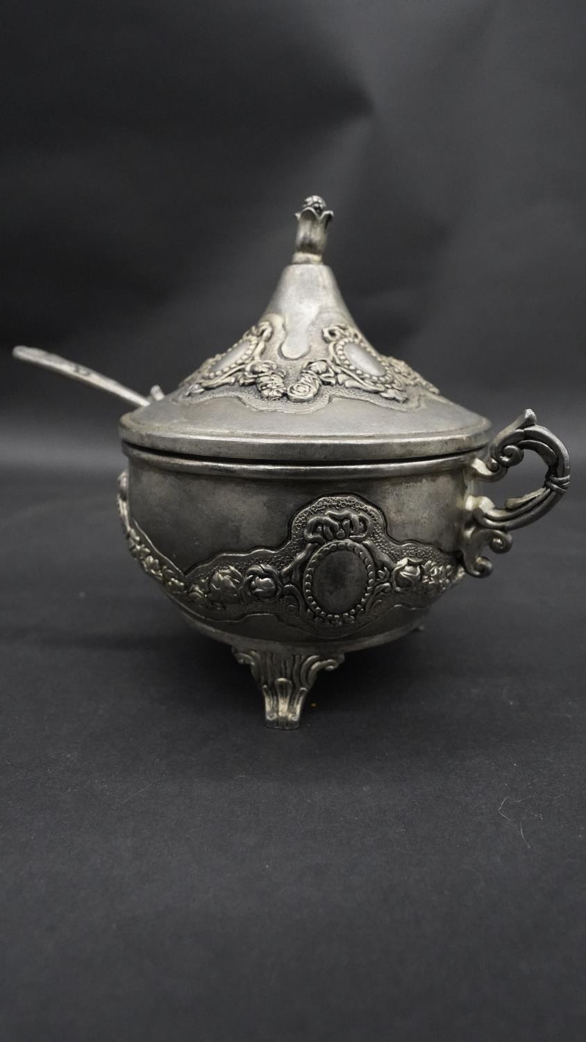 A silver plate relief swag and floral design three piece Islamic coffee set, with coffee jug, - Image 6 of 11