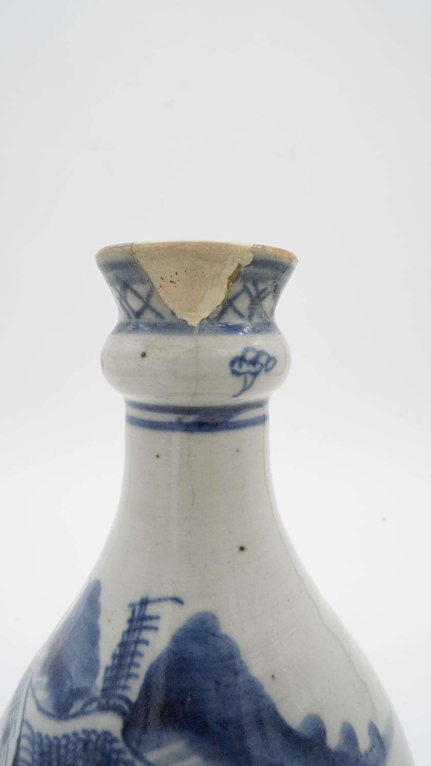 An 18th century Chinese Garlic-neck blue and white bottle hand painted vase (restored) along with - Image 2 of 10
