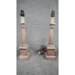 A pair of vintage painted wooden marble effect column table lights on rectangular ridged bases. With