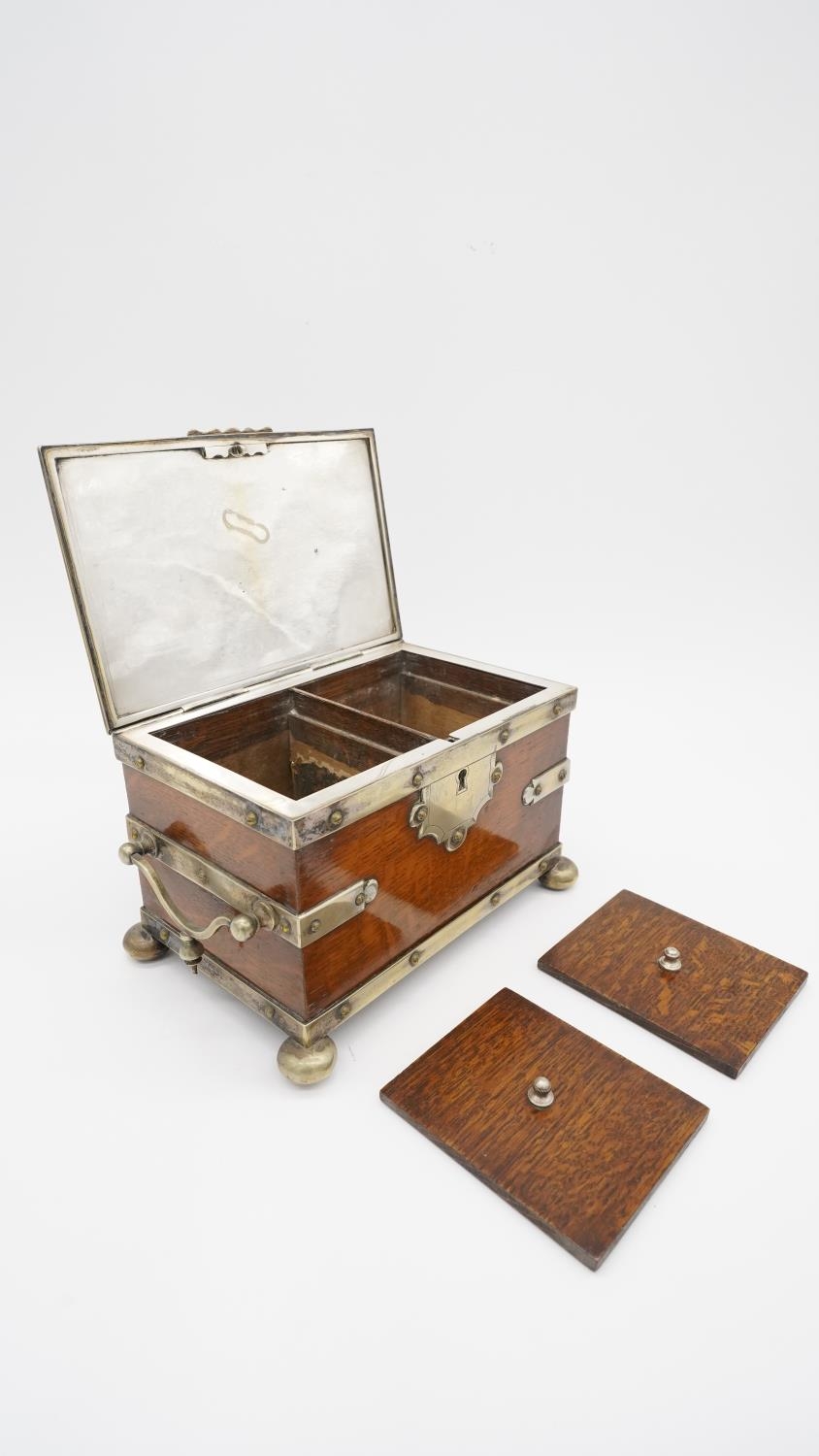 A Victorian silver plated and oak tea caddy, in the form of a strapped chest with silver plated - Image 5 of 6