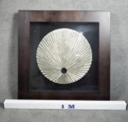 A large framed and glazed abstract silvered wooden leaf. H.61 W.79