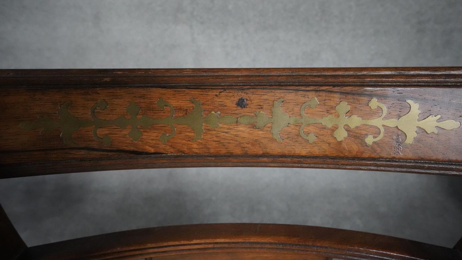 A set of six Regency mahogany style dining chairs with brass inlaid decoration and drop in seats - Image 4 of 10