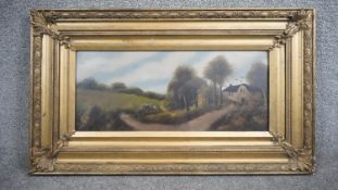 A carved gilt framed 19th century oil on board of countryside landscape with cottage. Unsigned. H.47