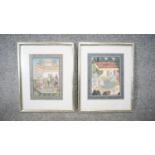 Two framed and glazed 20th century Indian Persian paintings on parchment of temple scenes. H.38 D.30