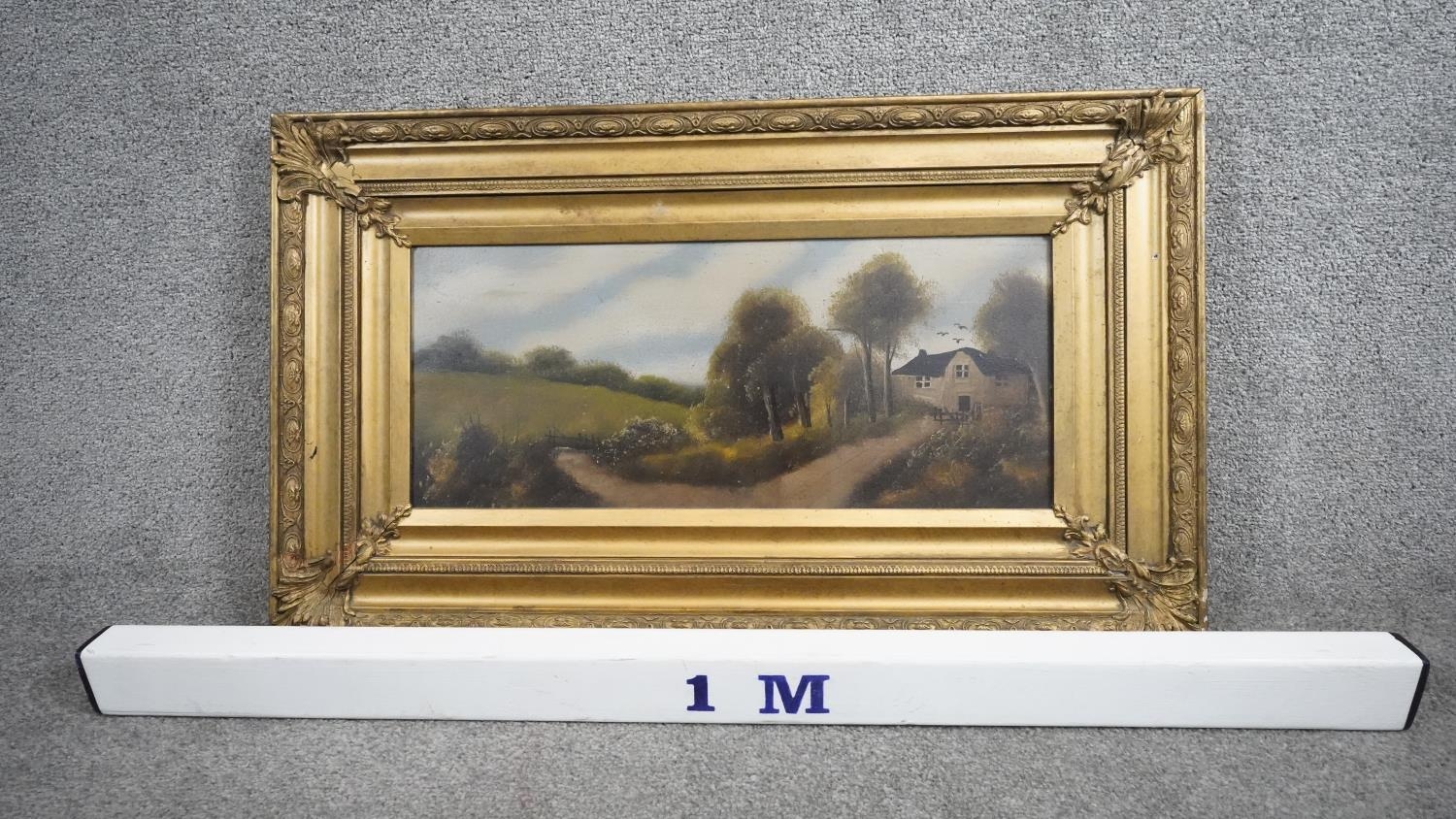 A carved gilt framed 19th century oil on board of countryside landscape with cottage. Unsigned. H.47 - Image 5 of 5