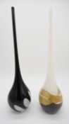 Two tear drop Art Glass vases with elongated necks. One black with white marbling and the other