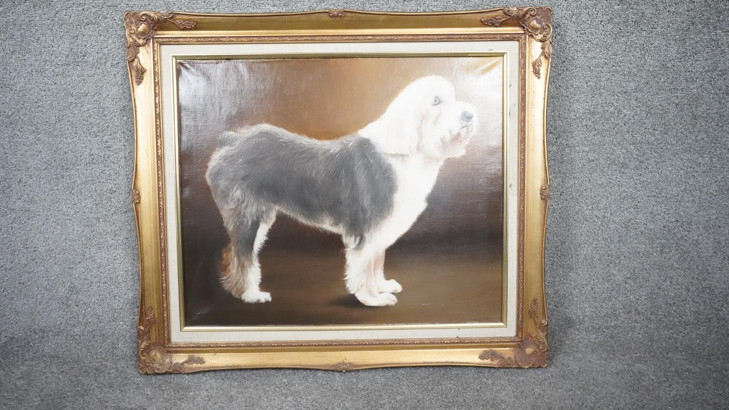 A gilt framed oil on canvas of an English Sheep Dog. Unsigned. H.67 W.77 - Image 2 of 4