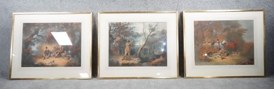 Three large framed and glazed antique hand coloured engravings of various hunting scenes. H.65 W.75